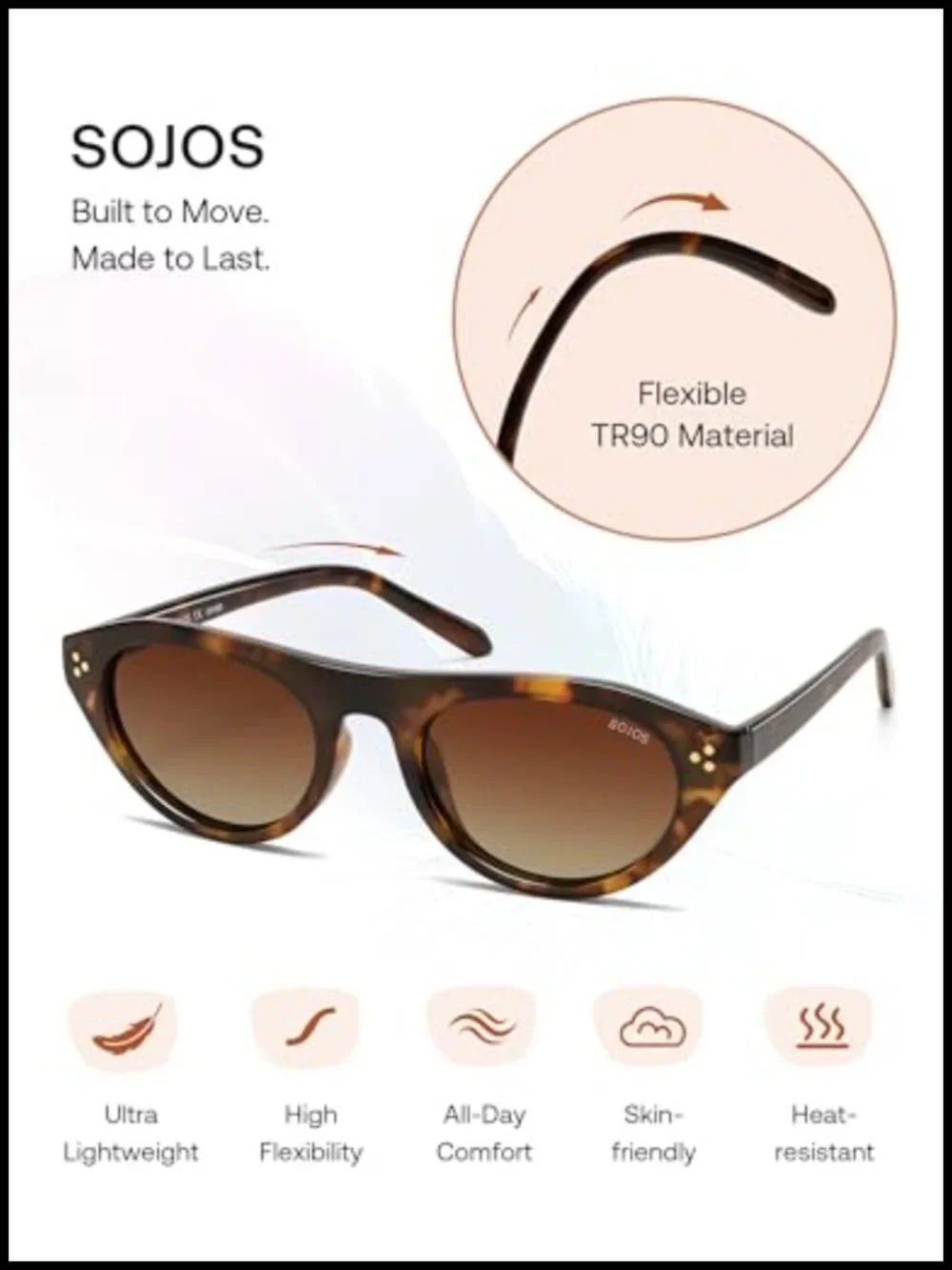TR90 Polarized Retro Oval Cat Eye Sunglasses, UV400 Protection